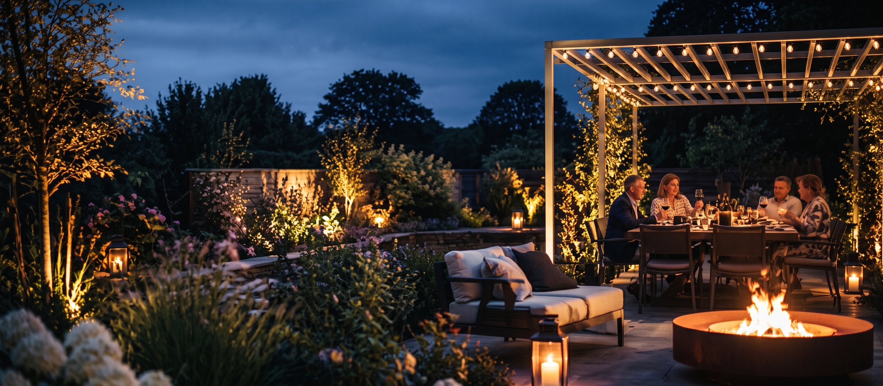 A Surrey garden at dusk, warm lighting drawing people outdoors
