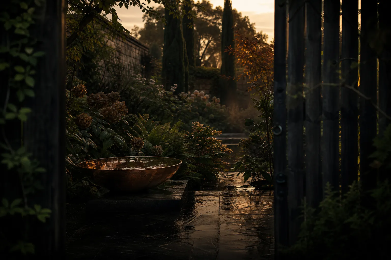 A hidden walled garden at dusk, glimpsed through a timber gate with a copper water bowl